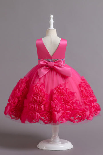 Fuchsia A Line Lantejoulas Vestido de Menina Flor